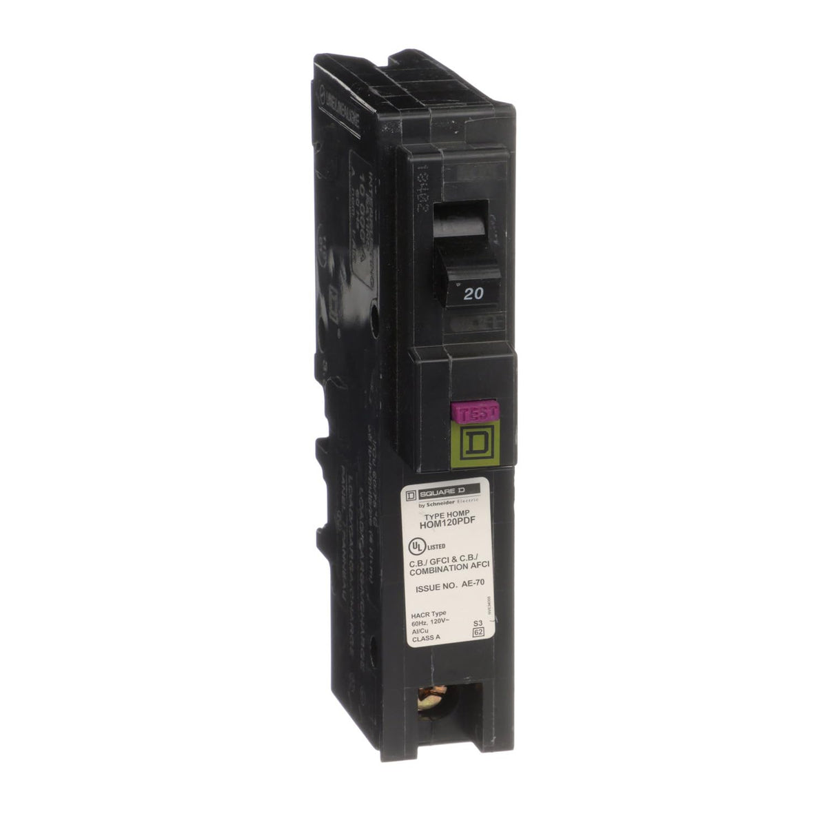Square D Homeline CAF/GFCI breaker front view showing compact protection for circuits.