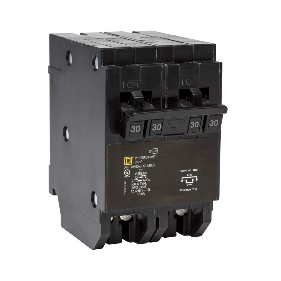 Square D HOMT230230CP tandem quad breaker in black for space-saving panel upgrades.