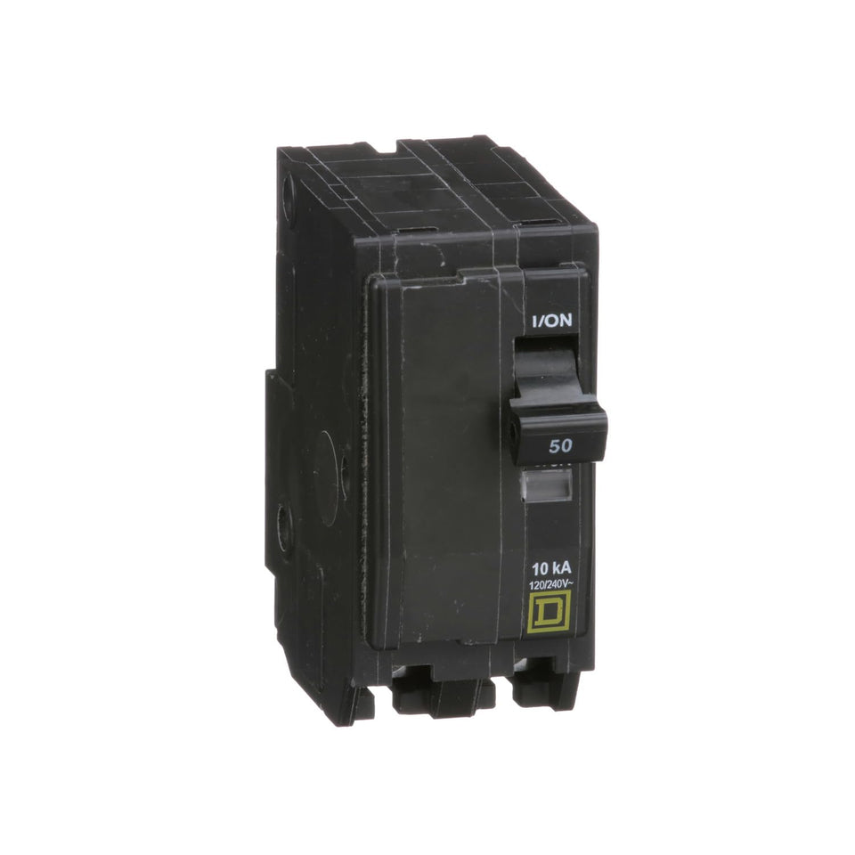 Square D Qwik Open 50A breaker front view showing quick make and trip-free action