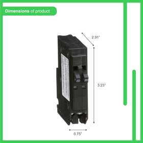 Square D QO2020C double-pole setup highlighting 20A rating for balanced circuits