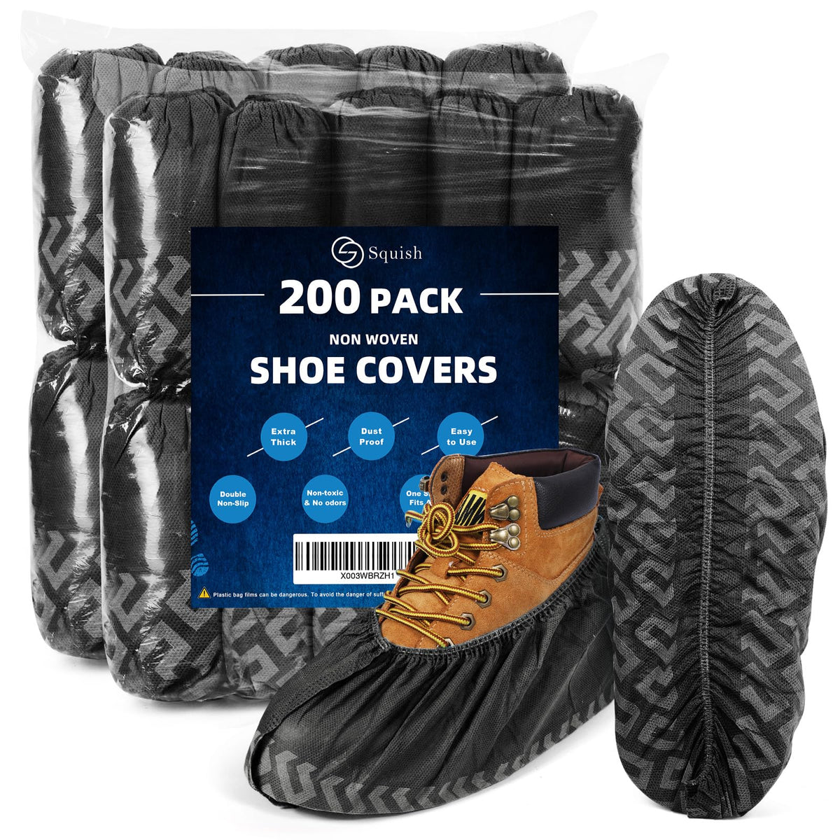 Squish 200-pack shoe covers in black protect indoor floors and carpets.