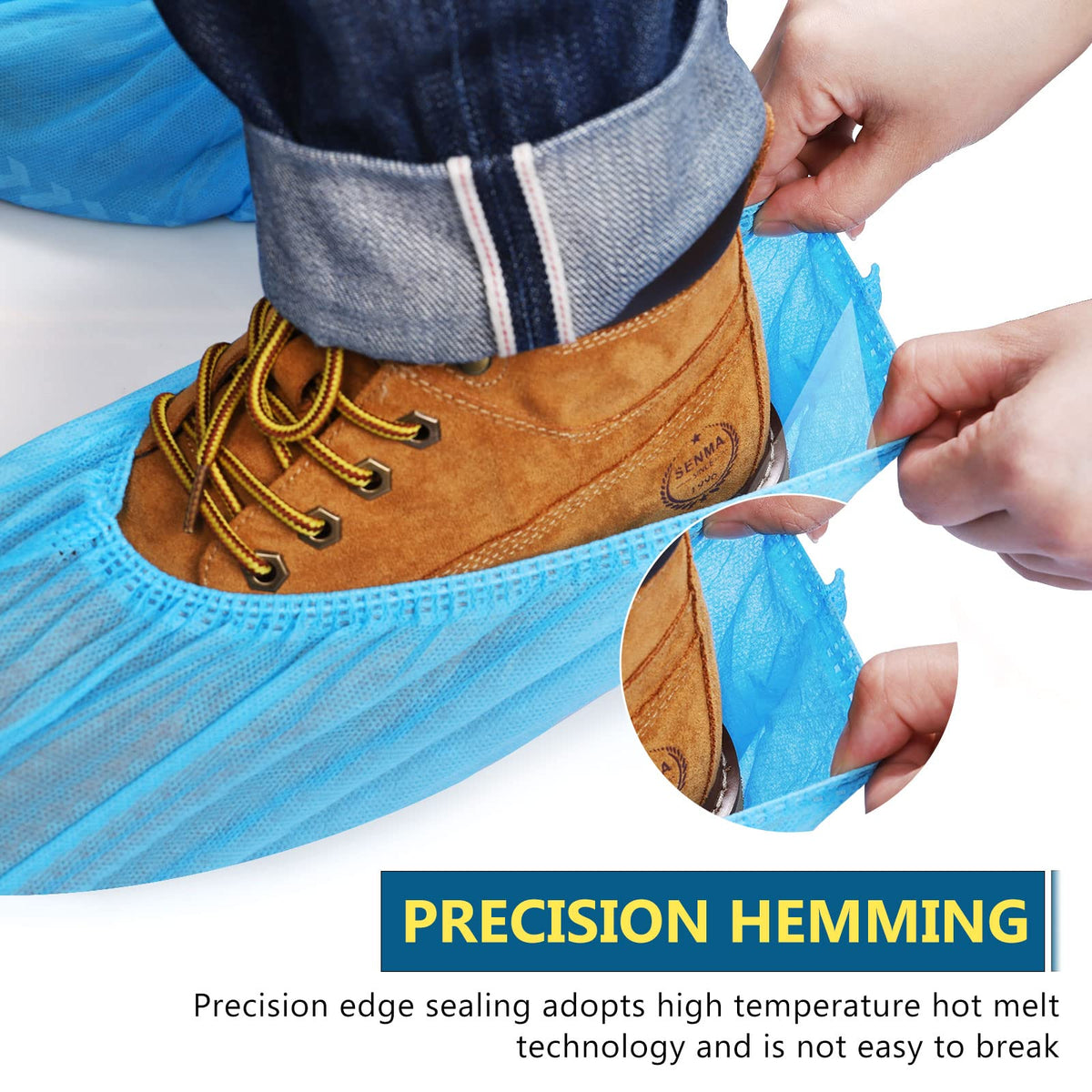 Squish indoor-outdoor shoe covers provide easy fit and quick protection.