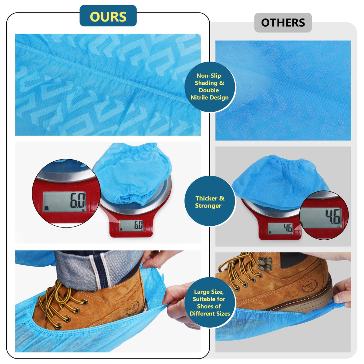 Squish pack of 100 disposable shoe covers protects floors during visits.
