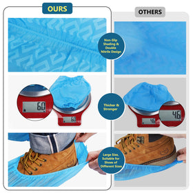 Squish pack of 100 disposable shoe covers protects floors during visits.
