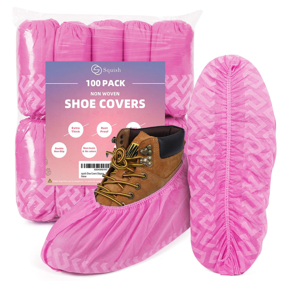 Squish pink disposable shoe covers offering non-slip protection on indoor floors