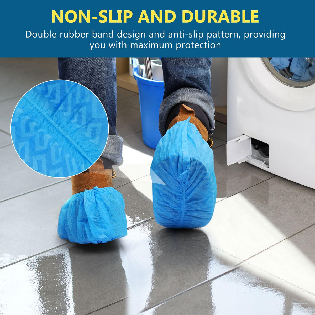 Squish slip-proof shoe covers safeguard footwear and flooring in high-traffic areas.