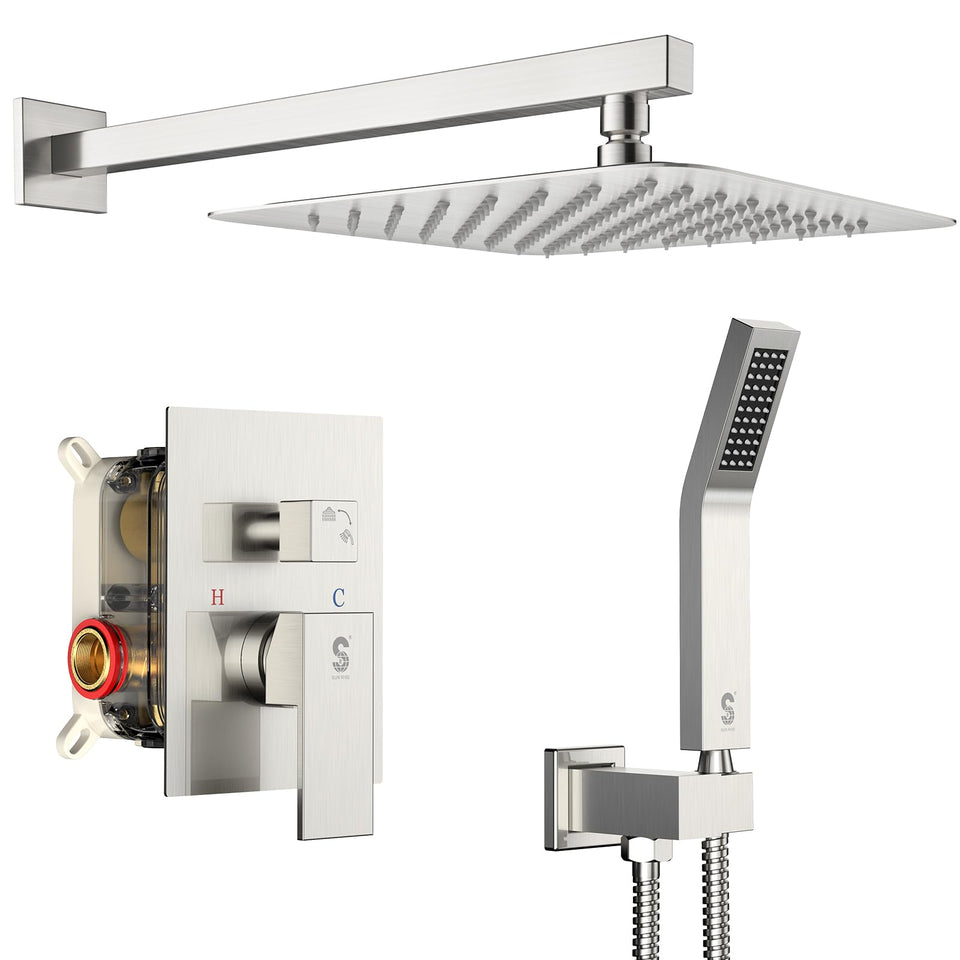 SR SUN RISE 12-inch rainfall shower head in brushed nickel delivers broad coverage.