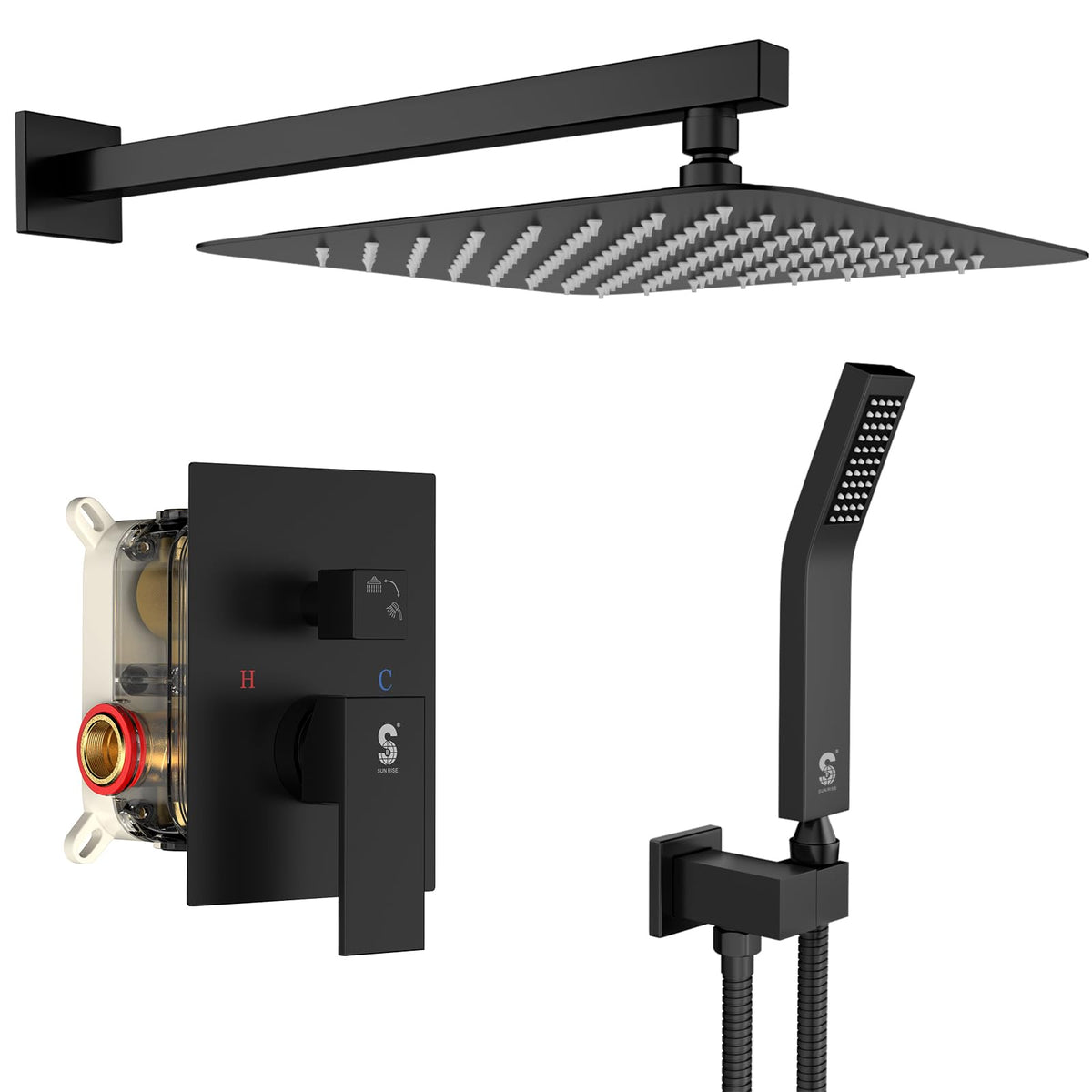 SR SUN RISE 12-inch matte black rain shower head for immersive rainfall experience.