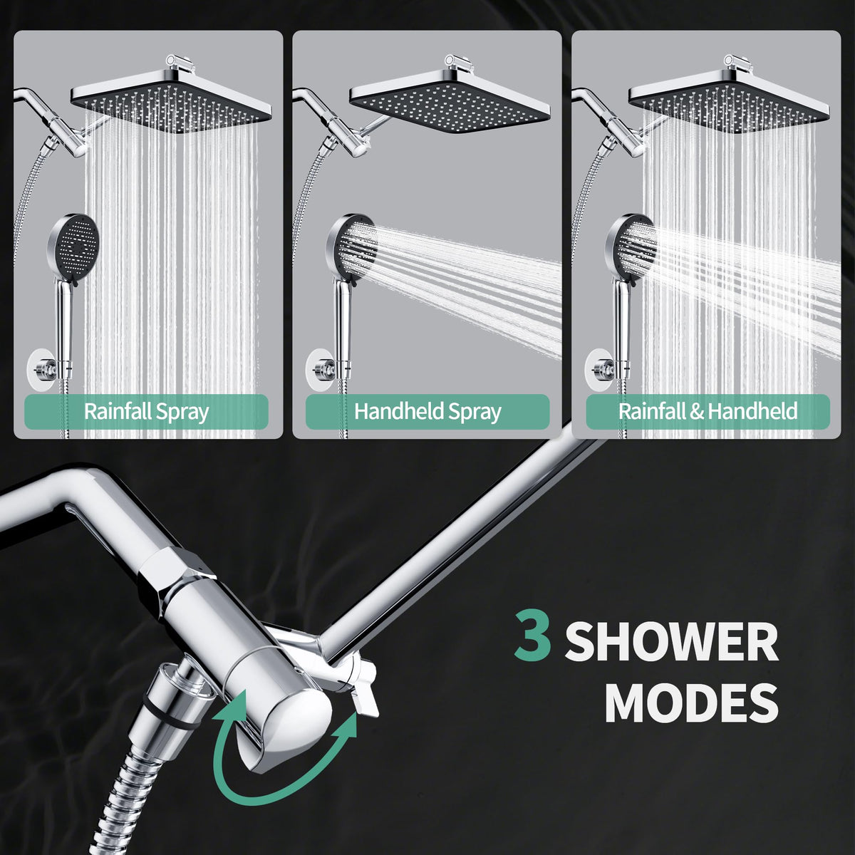 SR SUN RISE 3-way diverter switches between rainfall and handheld streams.