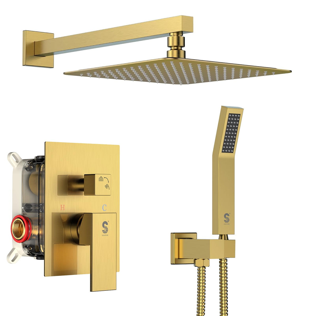 SR SUN RISE brushed-gold square rain shower head delivers spa-like coverage for daily showers.