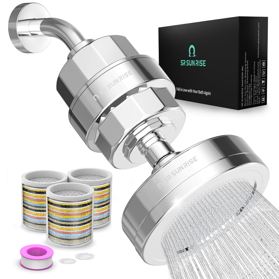 SR SUN RISE filtered shower head showing 3 replaceable cartridges for cleaner showers
