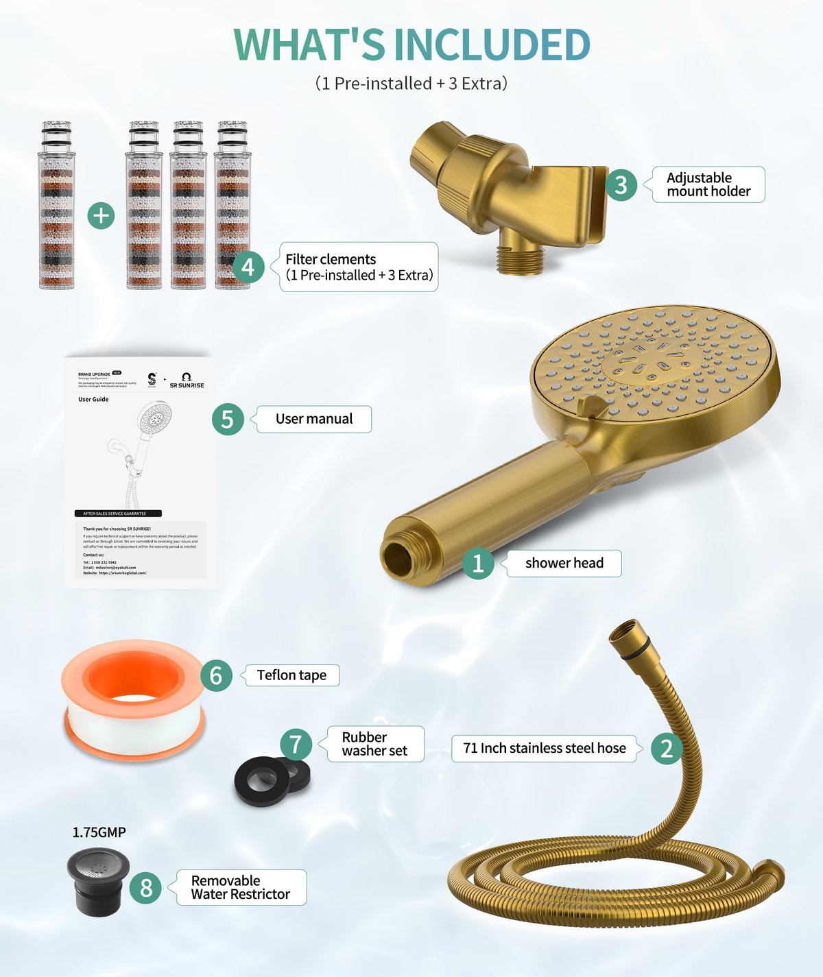 SR SUN RISE brushed gold finish adds bathroom style.