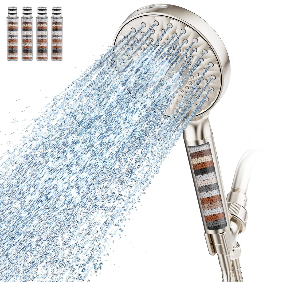 SR SUN RISE brushed-nickel filtered shower head front view with nine spray modes for versatile showers