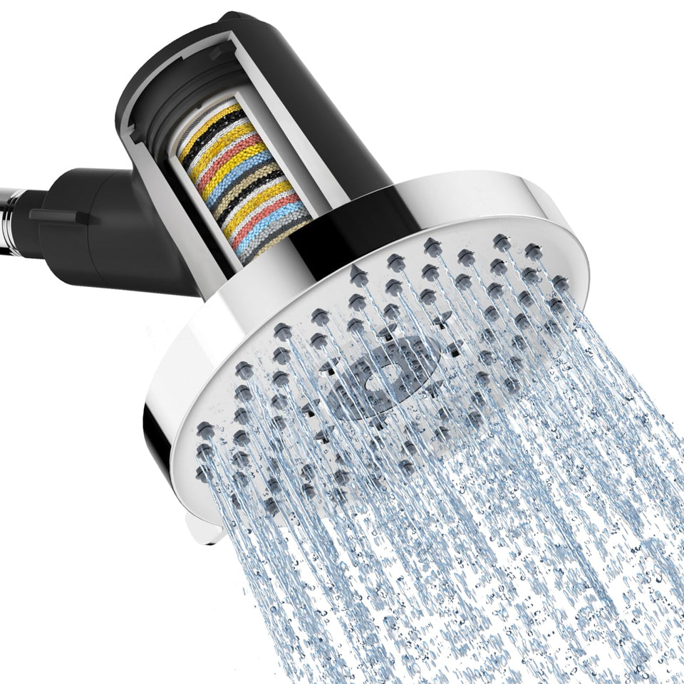 SR SUN RISE chrome filtered shower head close-up shows 20-stage filtration for cleaner water