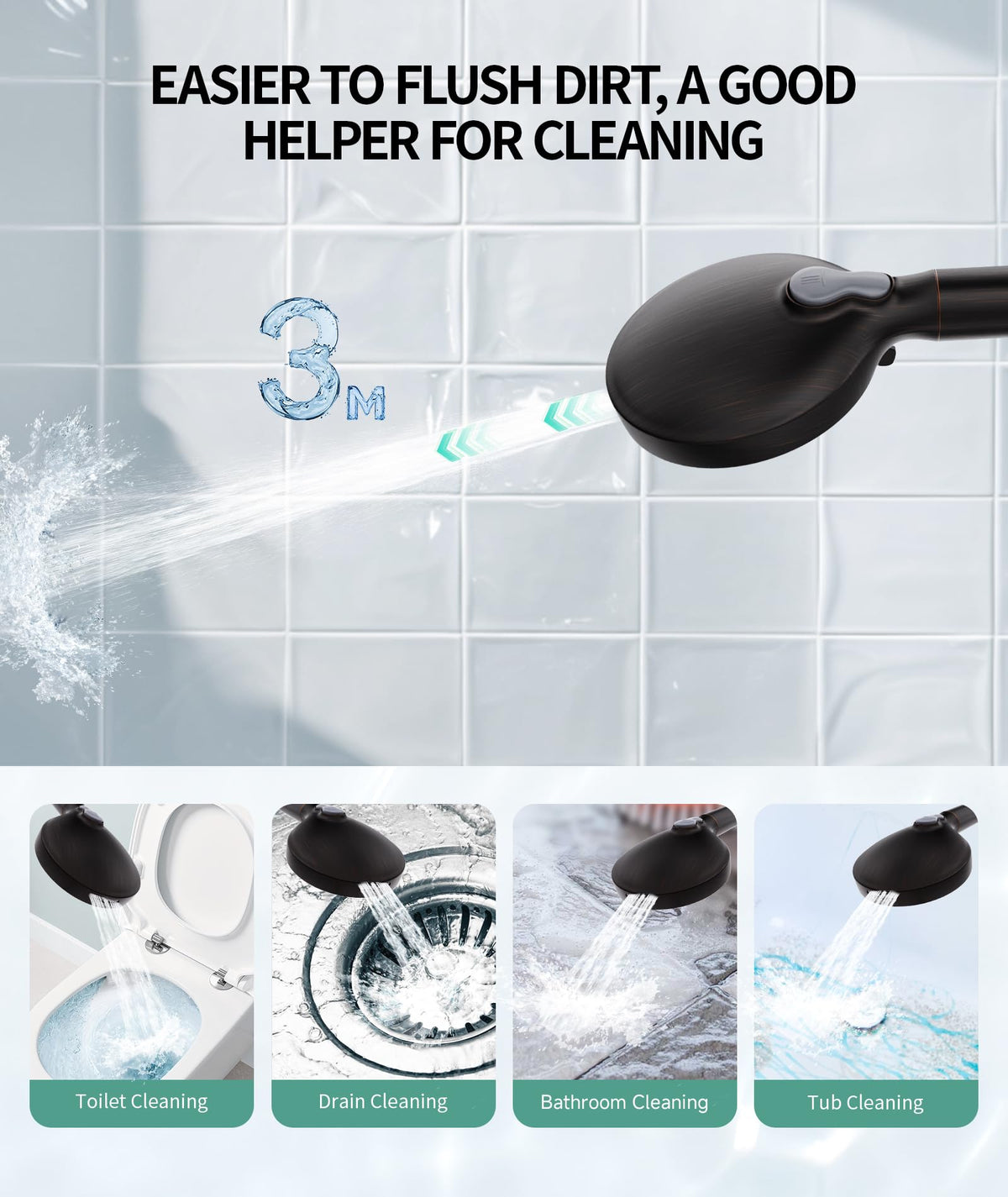 Detachable head with 8 spray settings supports versatile daily routines