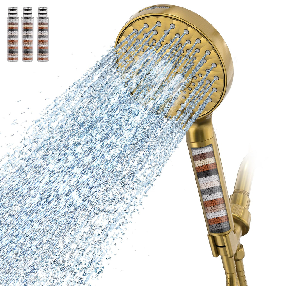 SR SUN RISE filtered shower head in full rain mode for a refreshing cleanse.