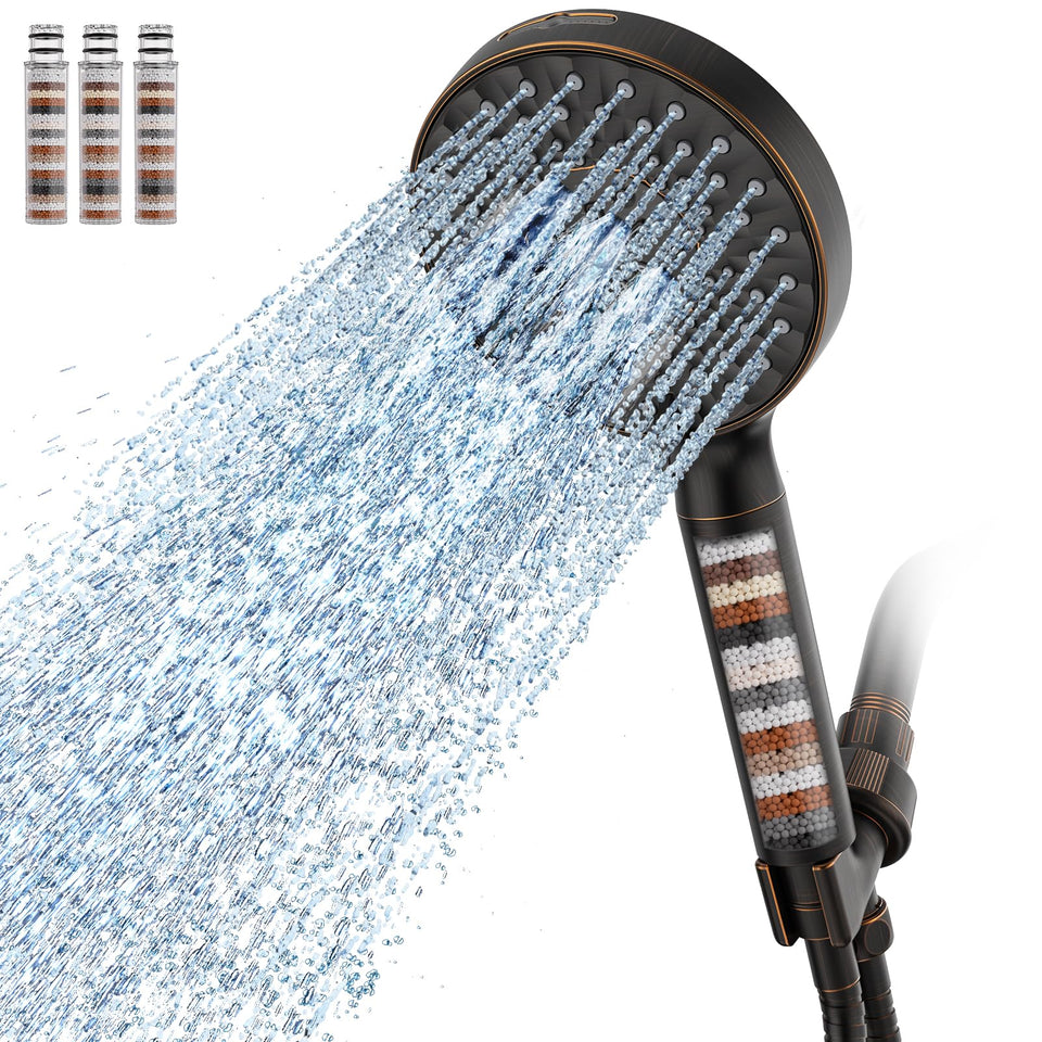 SR SUN RISE filtered shower head in full rain mode for broad, spa-like coverage