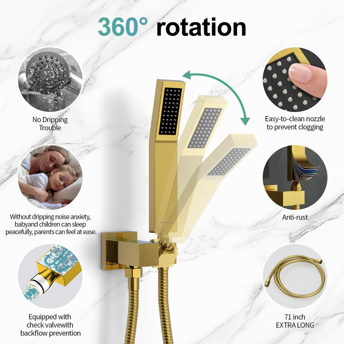SR SUN RISE 16-inch shower arm extends overhead spray for comfort.