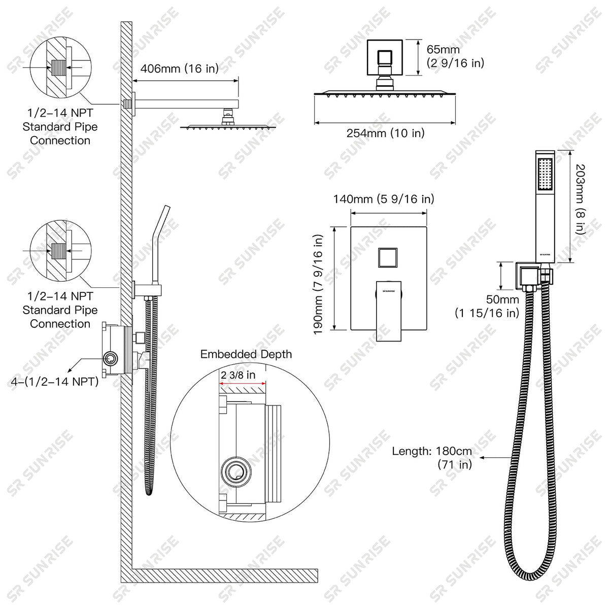 SR SUN RISE shower handle provides smooth operation and quick adjustments.