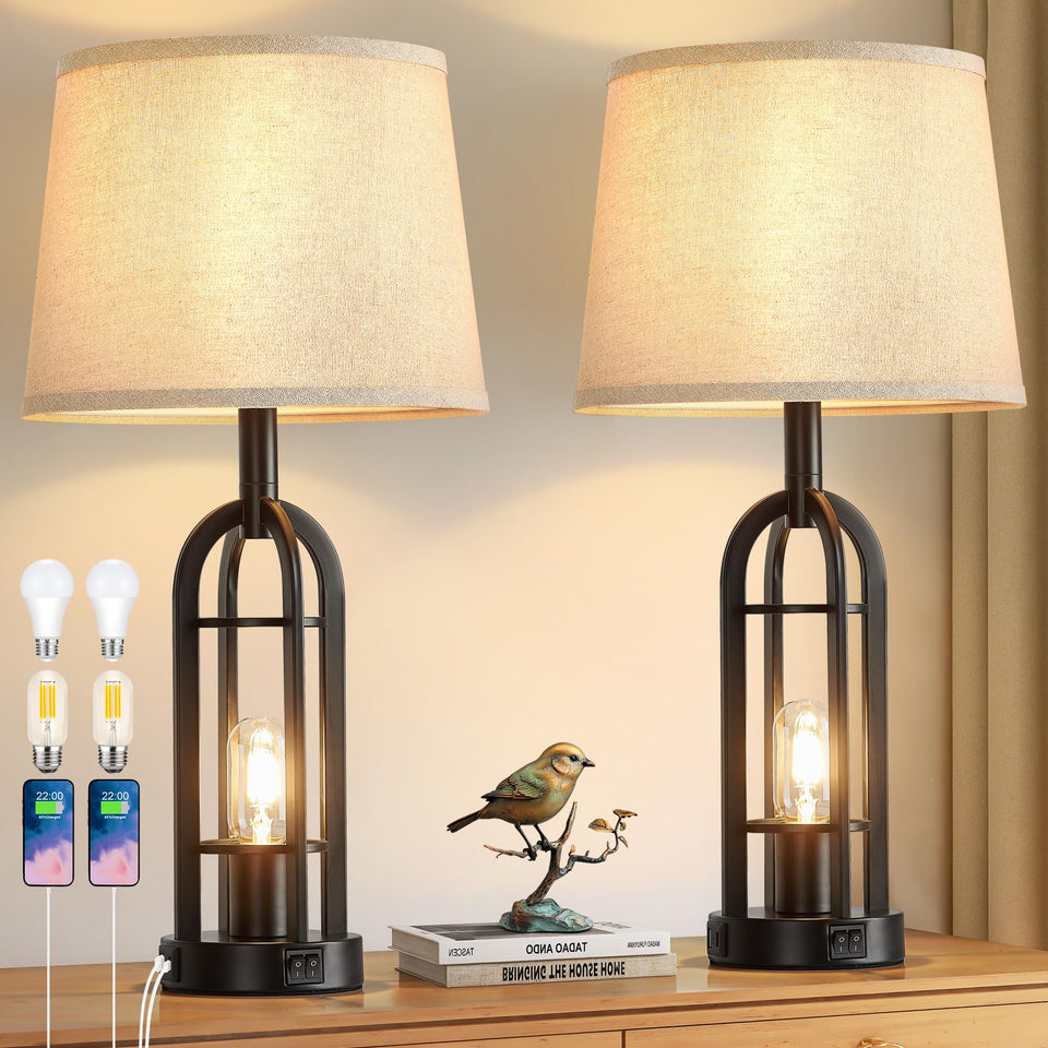 SRJJA black table lamps set 2 front view highlights farmhouse industrial style