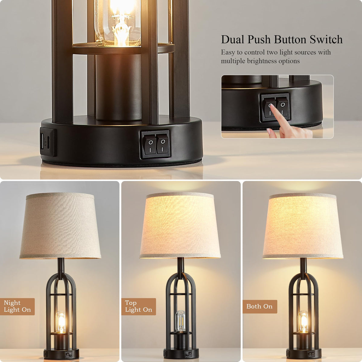 SRJJA black table lamps set 2 side view showcasing dual lighting