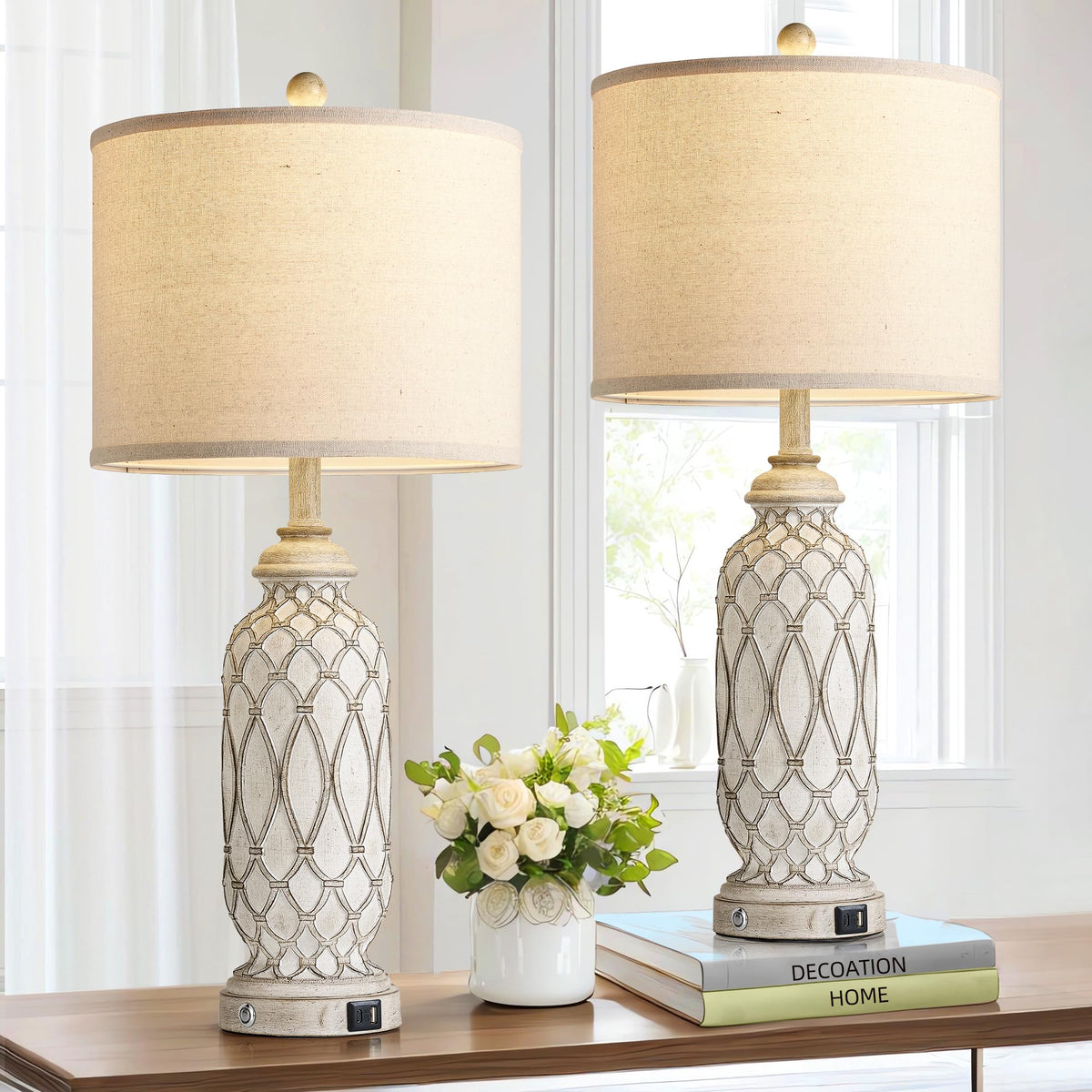 SRJJRS farmhouse table lamps 2-pack with resin bodies ideal for cozy bedrooms