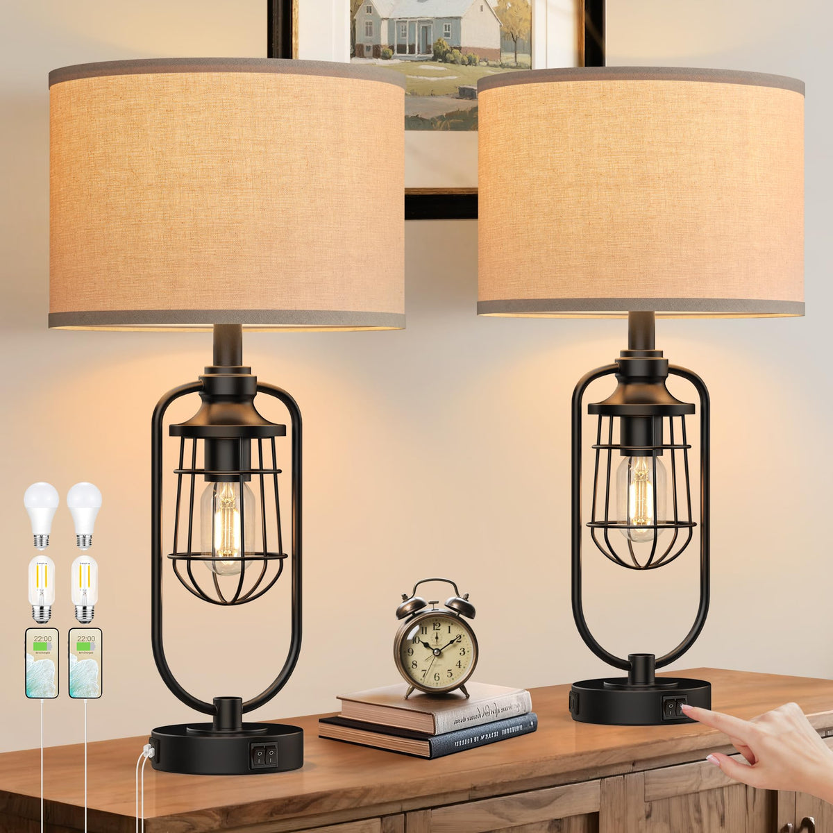 SRJJRS farmhouse table lamp set on a front view with warm ambient lighting