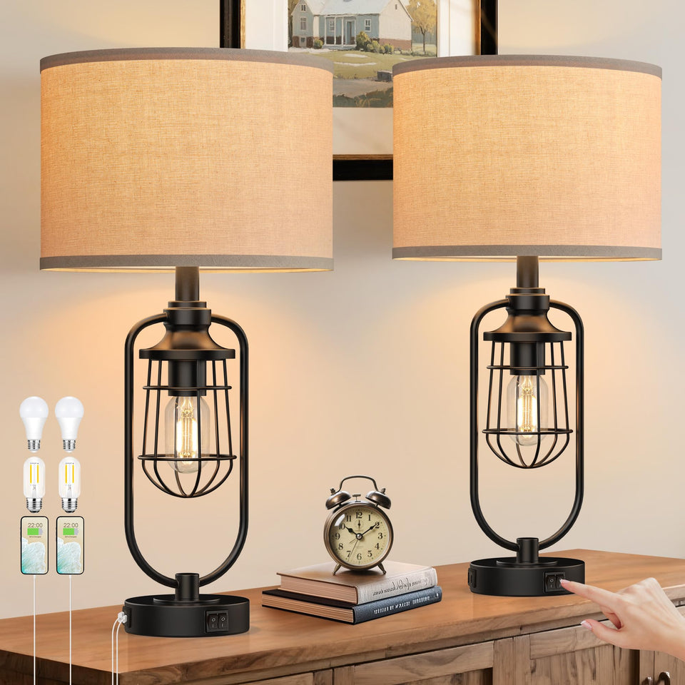 SRJJRS farmhouse table lamp set on a front view with warm ambient lighting