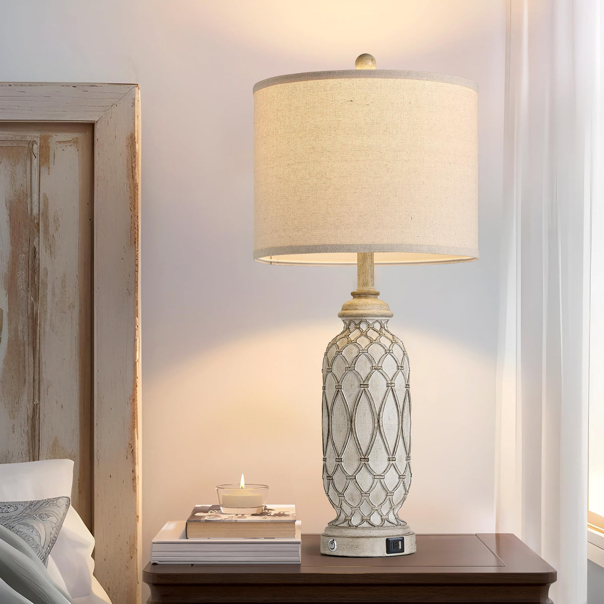 SRJJRS resin body linen shade lamp perfect for bedside glow