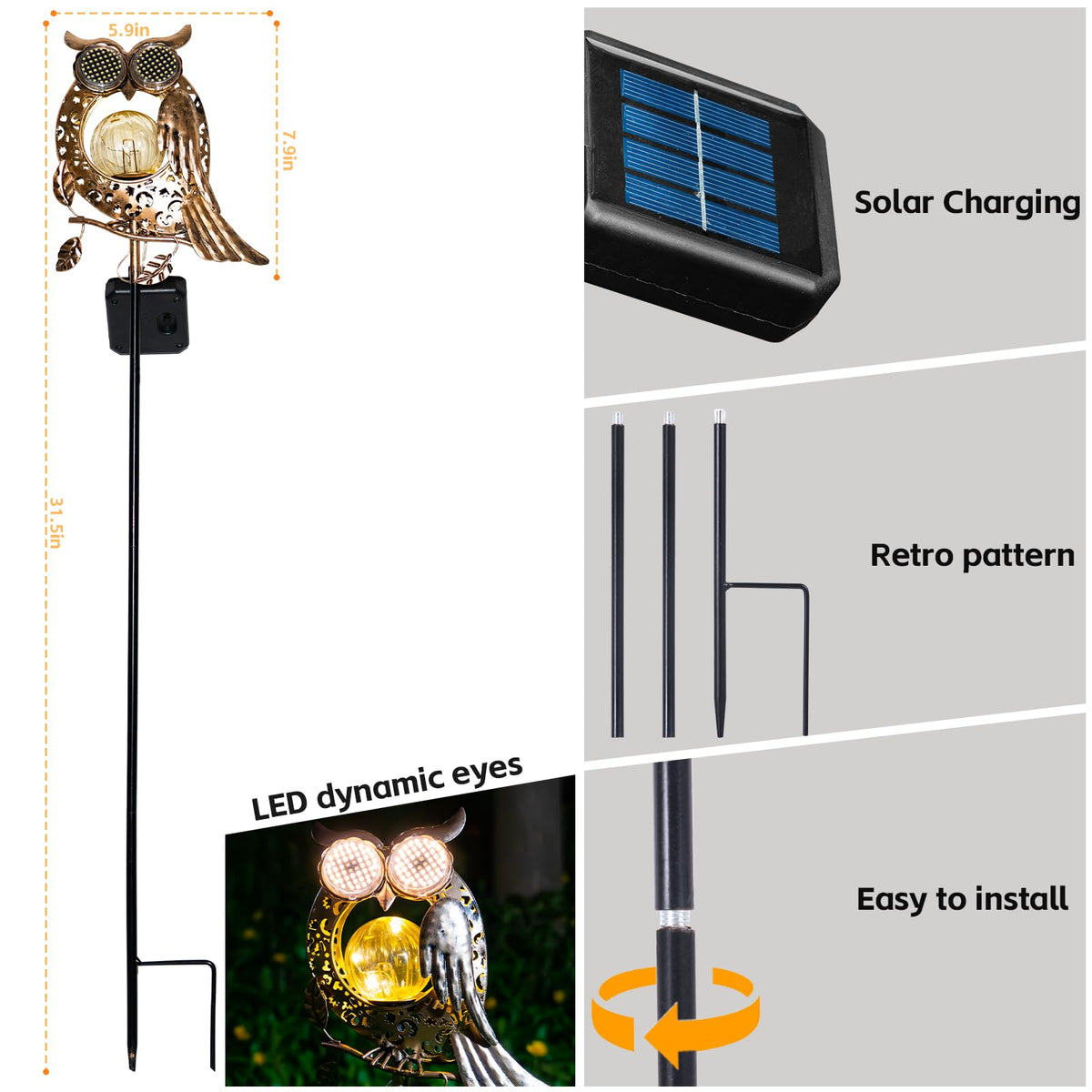 SRNPMIU owl garden decor IP65 rated for all-weather outdoor use