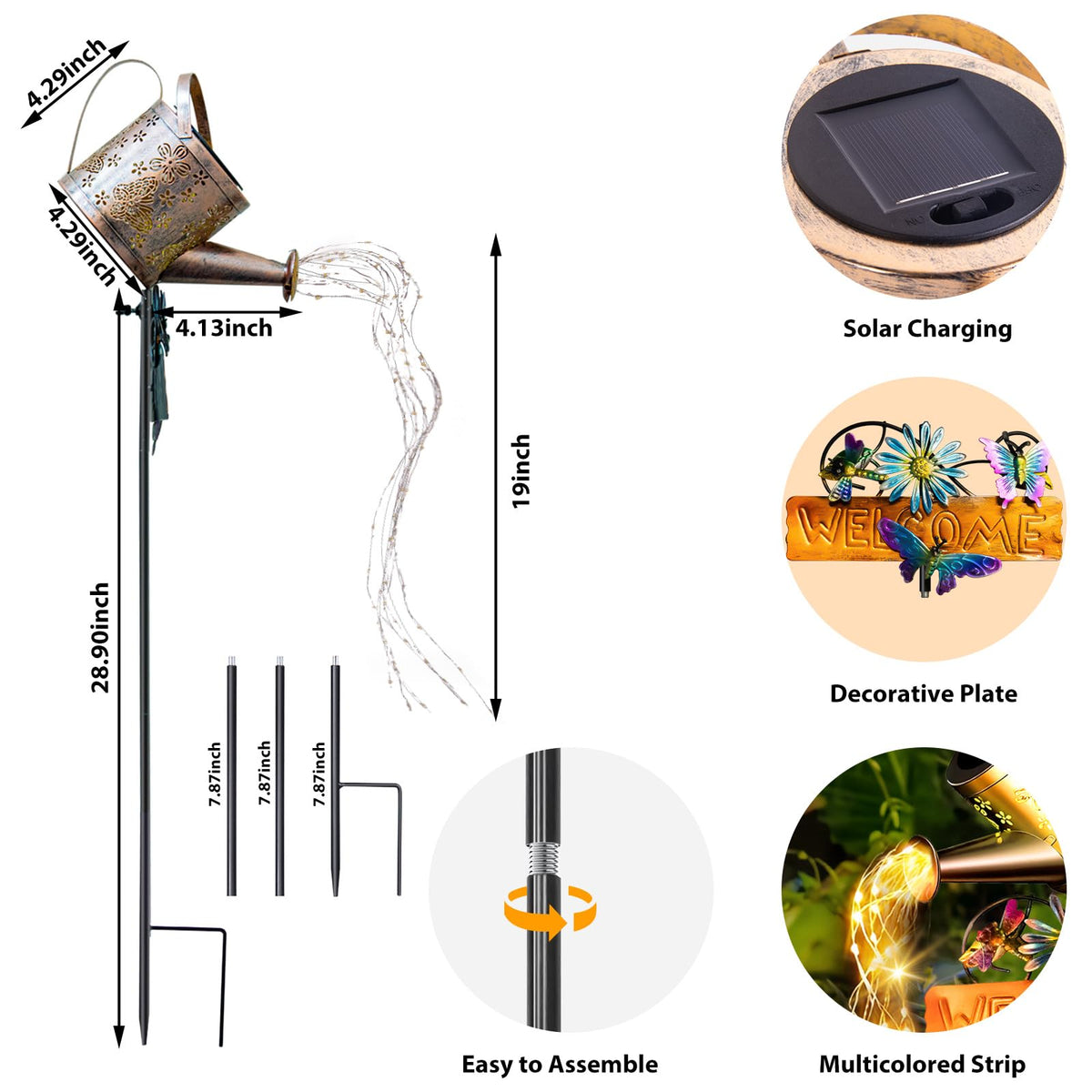 SRNPMIU solar watering can light displays garden ambience on patios.