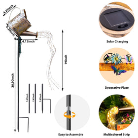 SRNPMIU solar watering can light displays garden ambience on patios.