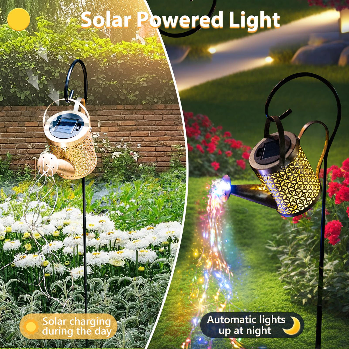 SRNPMIU solar watering can light on pergola creates magical evening lighting