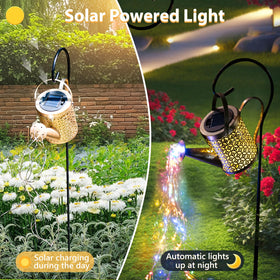 SRNPMIU solar watering can light on pergola creates magical evening lighting