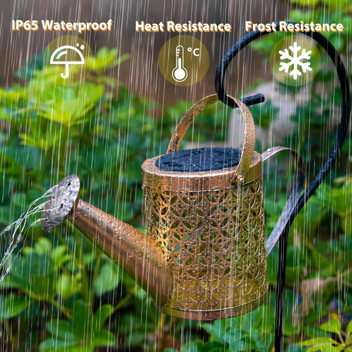 SRNPMIU solar watering can light atop table highlights outdoor decor