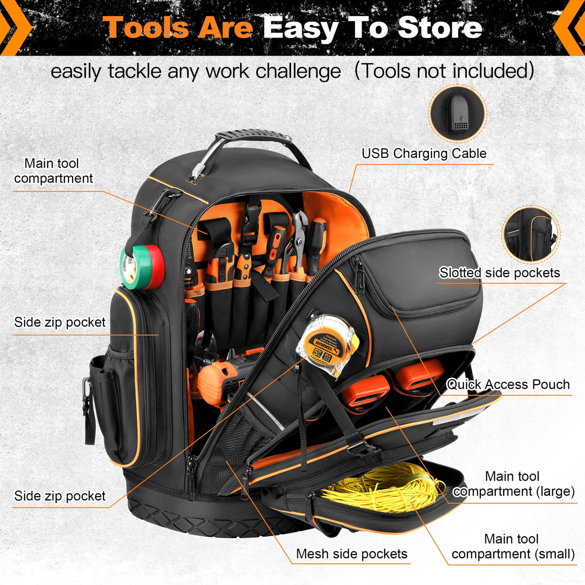 Srotek tool bag interior shows hi-vis orange for easy tool spotting