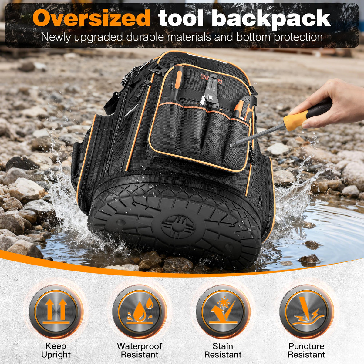 Srotek tool bag with molded bottom protects tools during transport