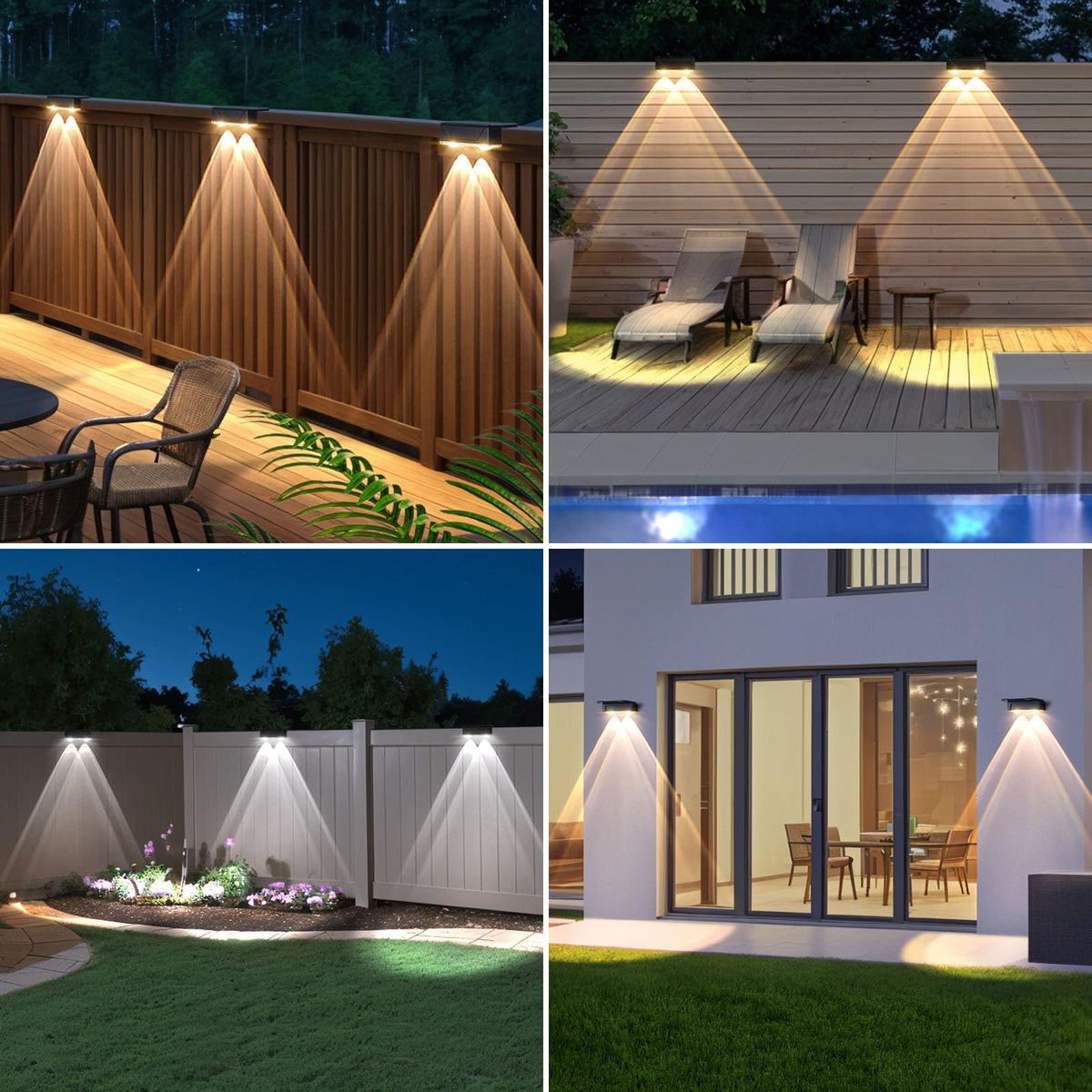Srtyuo solar fence light backyard illumination along steps and walls.