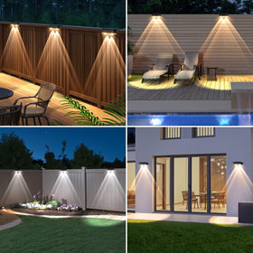 Srtyuo solar fence light backyard illumination along steps and walls.