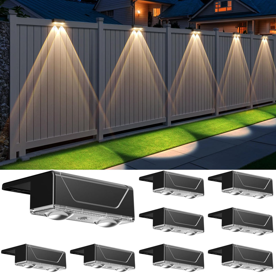 Srtyuo solar fence light with three color modes illuminating a wooden fence at dusk.