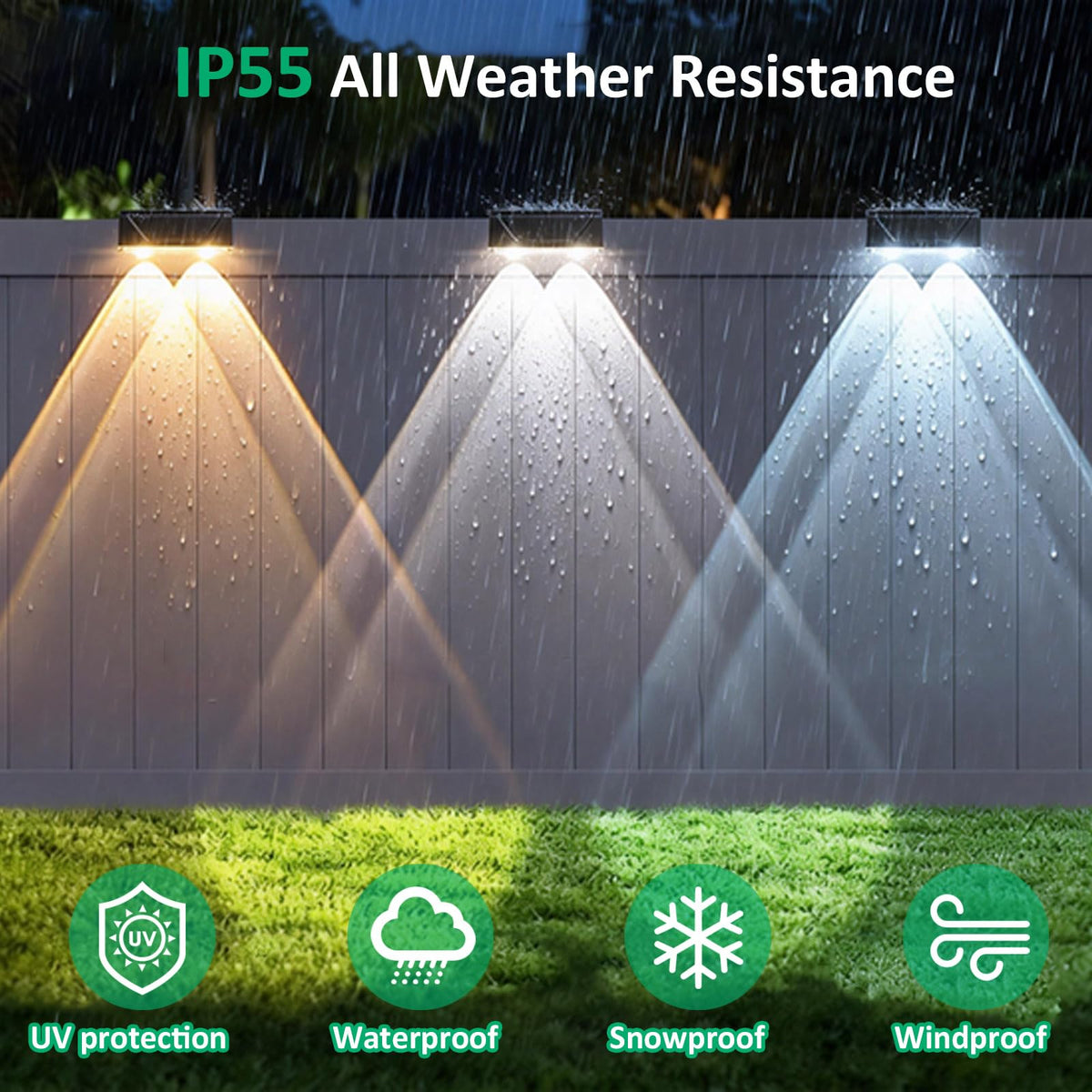 Srtyuo solar fence light screw mount with included hardware on exterior surface.