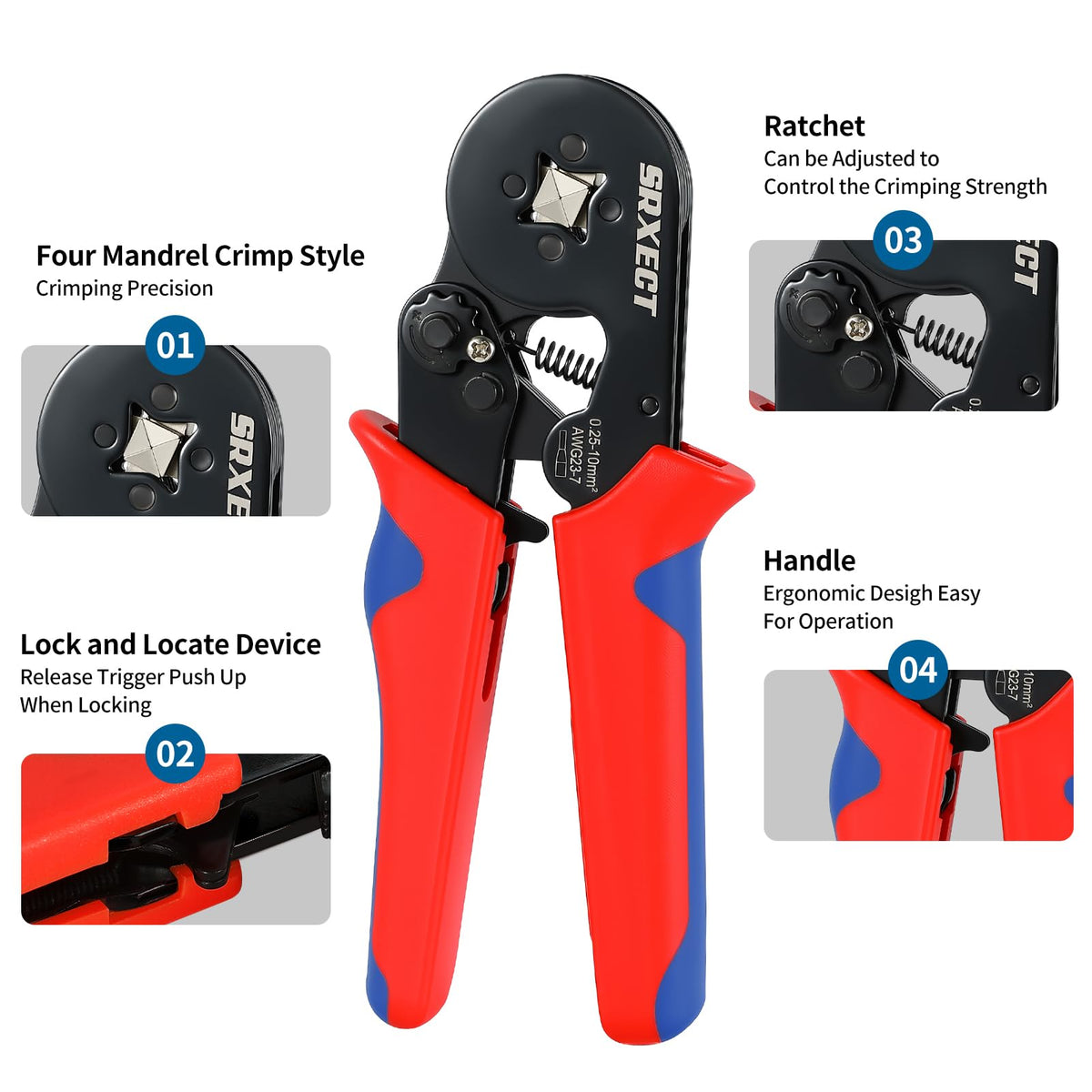 SRXECT AWG 22-8 crimping tool close-up showing precise terminations.