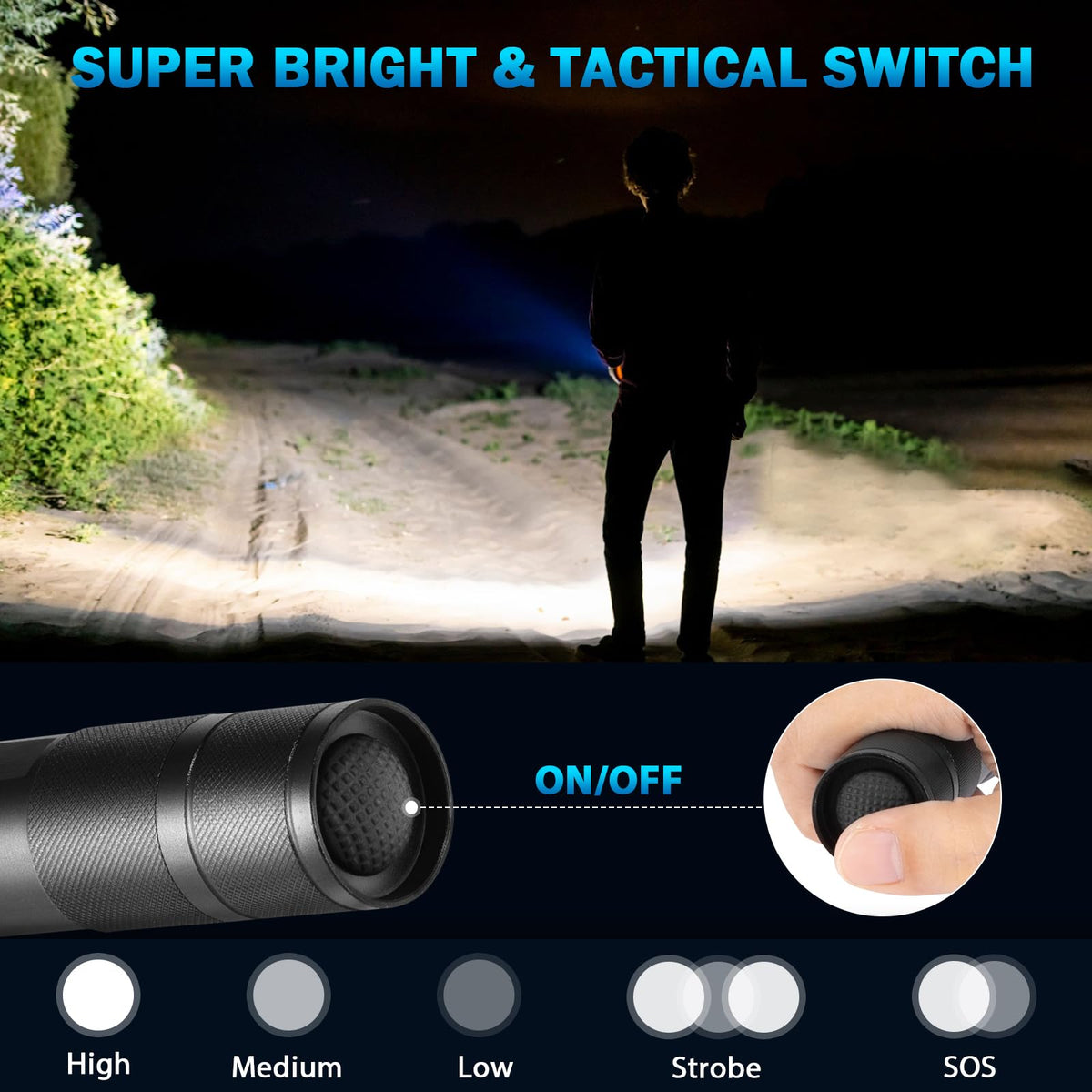 Staaricc LED flashlight 5 modes switch for versatile brightness options.