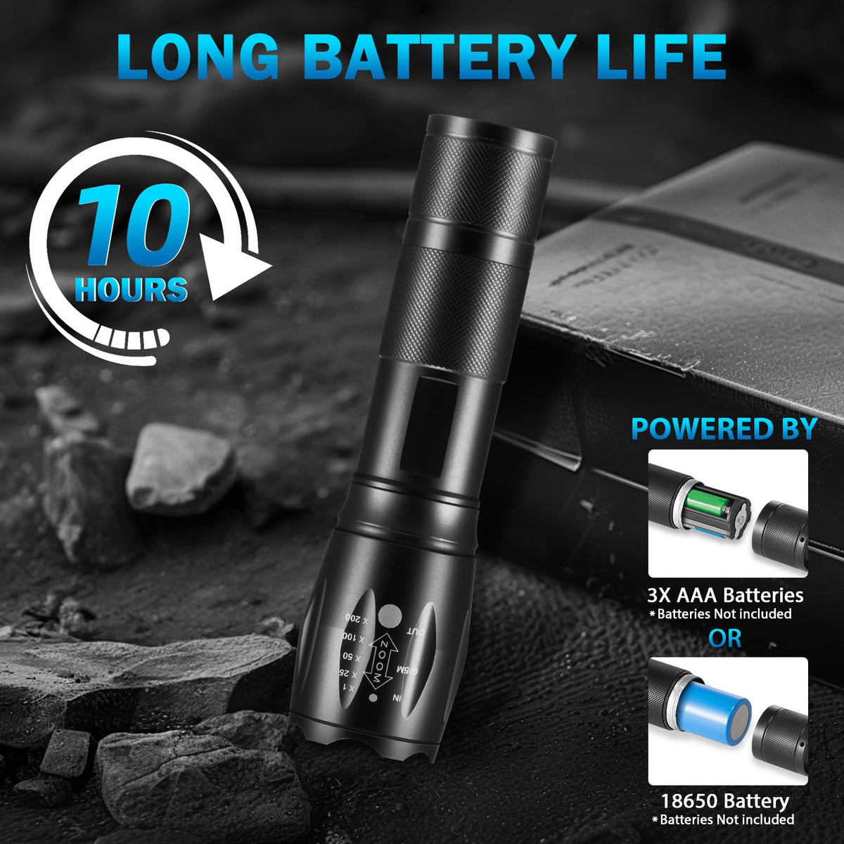 Staaricc LED flashlight includes straps and battery holders for quick setup.