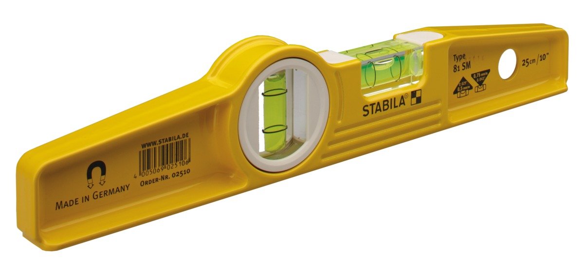 Stabila 25100 magnetic level with yellow housing showing rare-earth magnets for precise on-site readings