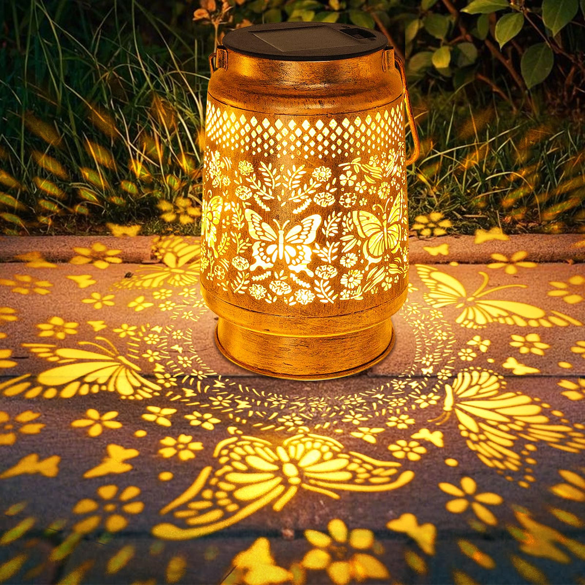 Stadeco butterfly metal decor lantern adds stylish lighting to pathways.
