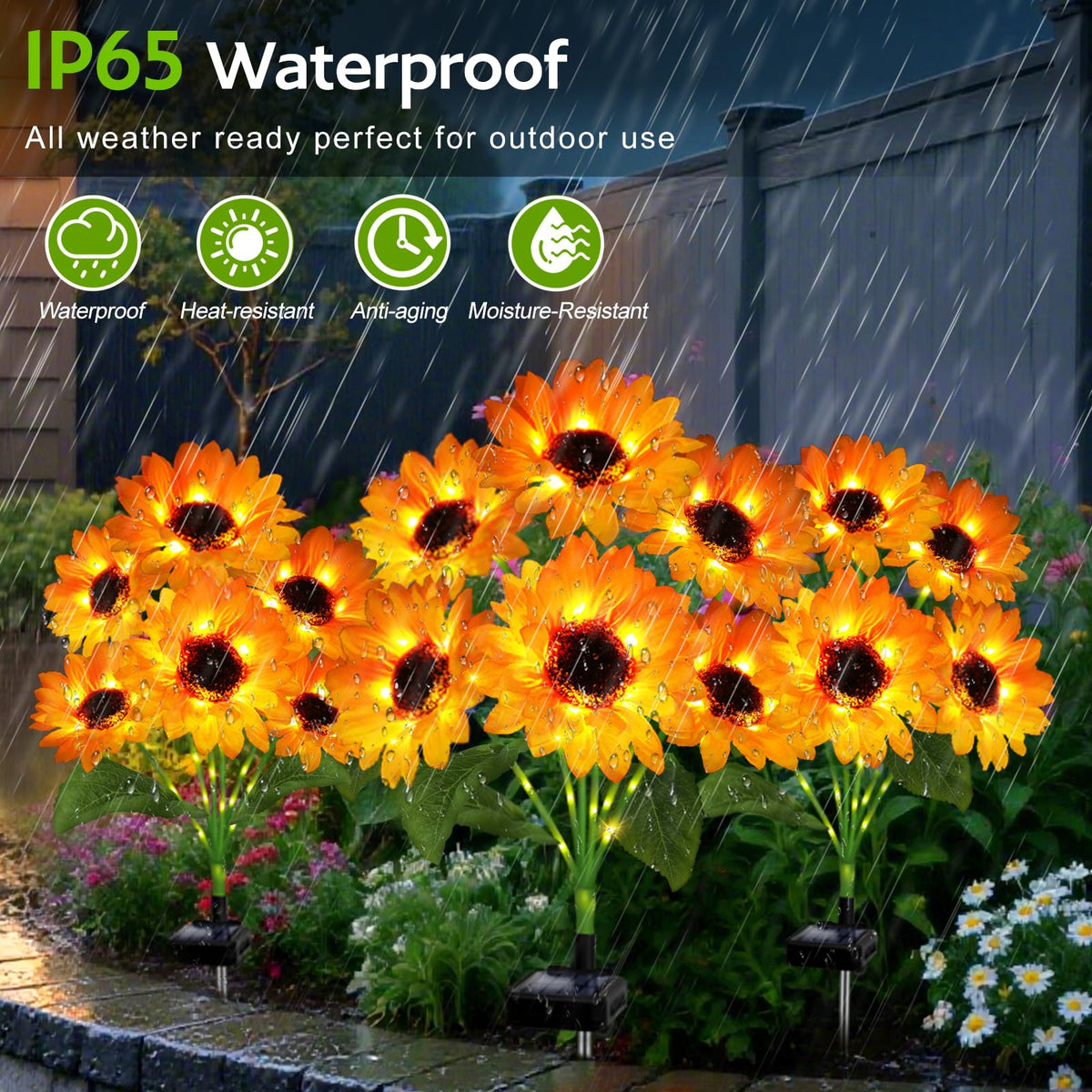 Stadeco auto on/off solar sunflowers provide hands-free evening glow.