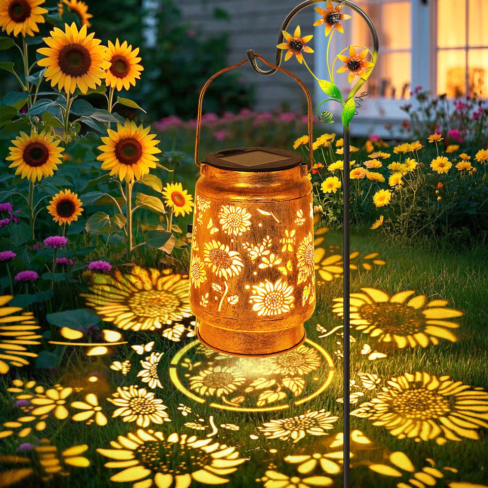 Stadeco Sunflower Lanterns outdoor light on hook adds warm garden glow.