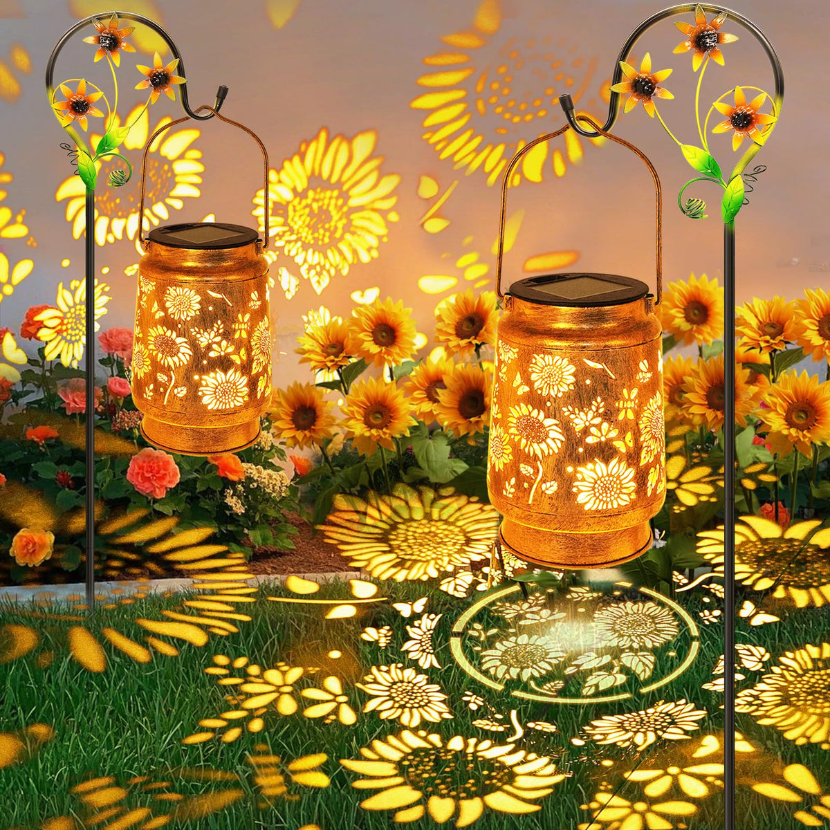 Stadeco sunflower solar lanterns in bronze finish hanging for cozy garden lighting.