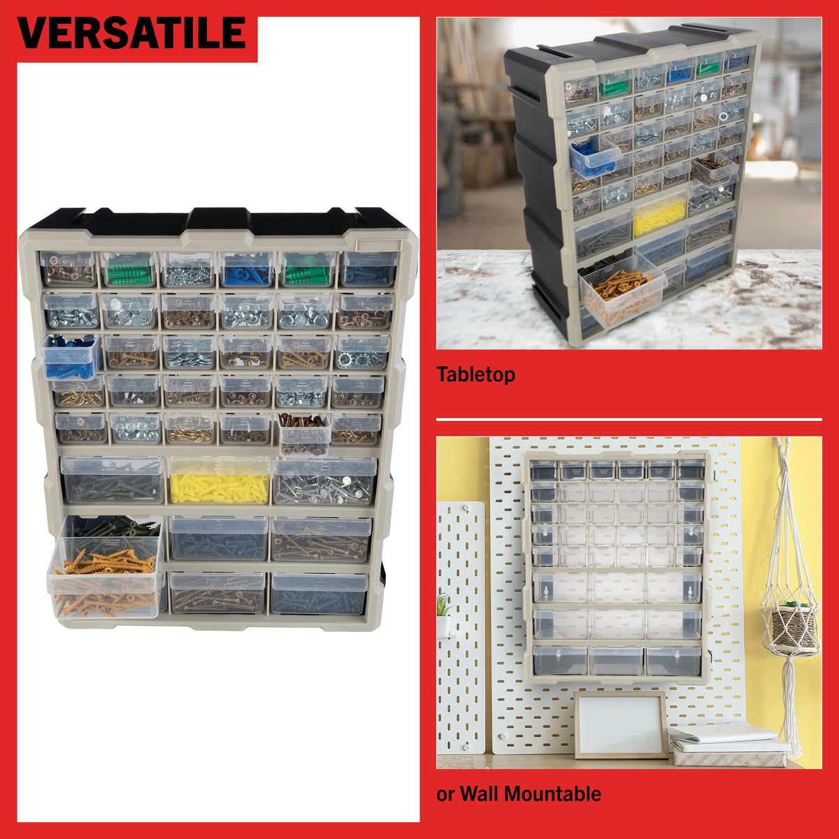 Stalwart 39-drawer dividers in use demonstrate customizable compartments for beads and hardware.